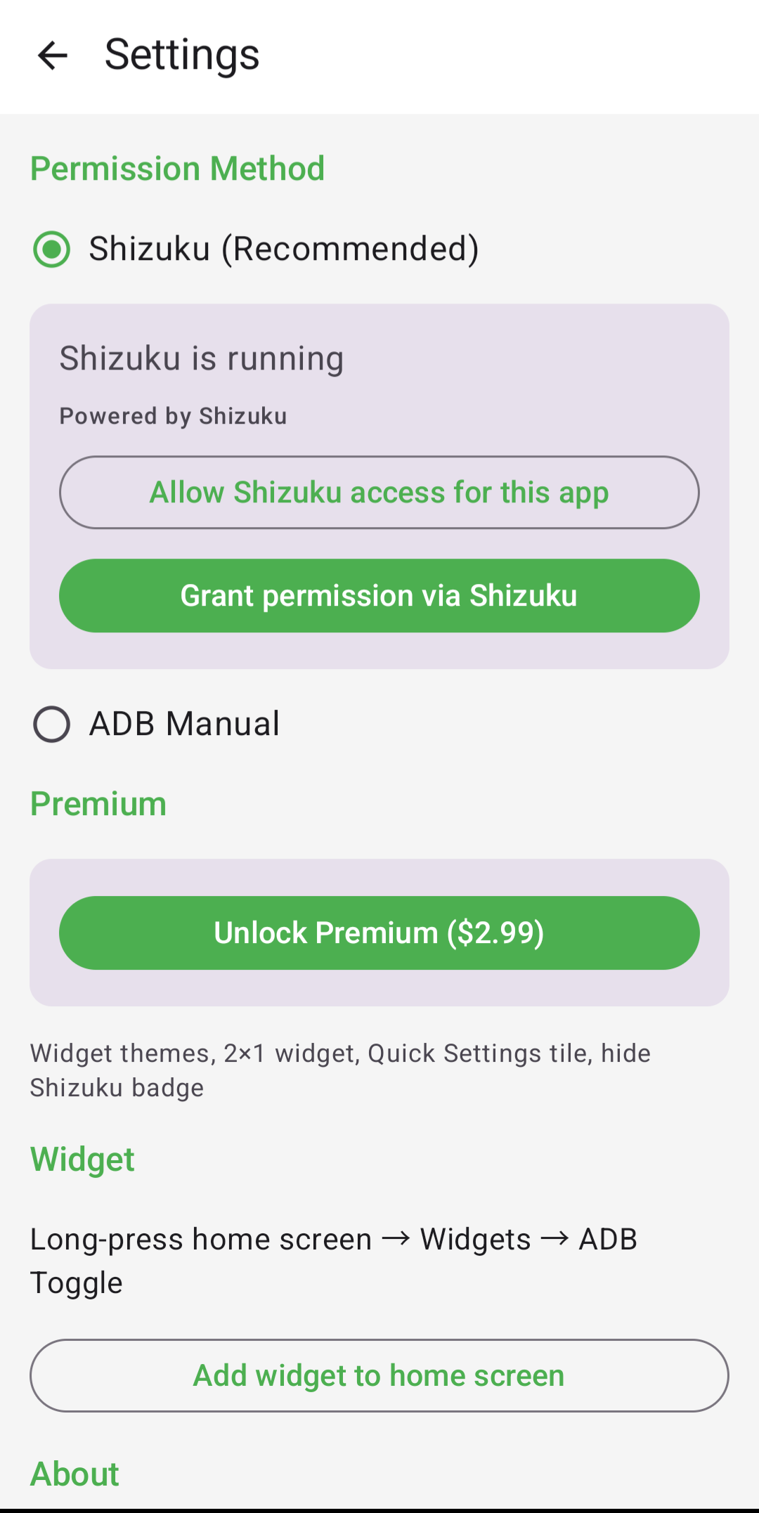 Screenshot: ADB Toggle settings screen
